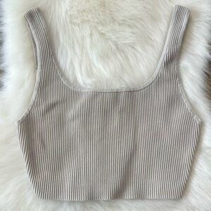 Babaton Sculpt Knit ribbed cropped tank top, cream tan size medium black